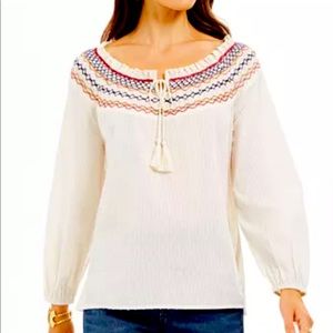Cotton Smocked Embroidered Peasant Top